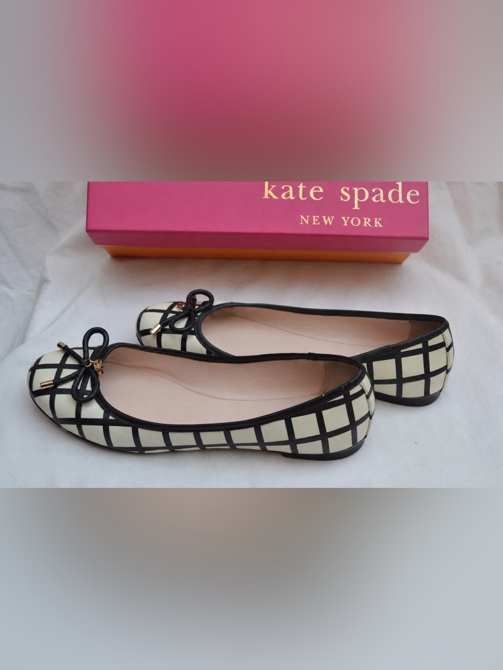 Kate Spade Willa Grid Bow Ballet Flats Black Cream Size 8